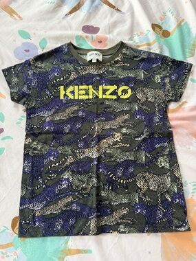 Kenzo Black Tee with Purple & Yellow Leopard Print Logo